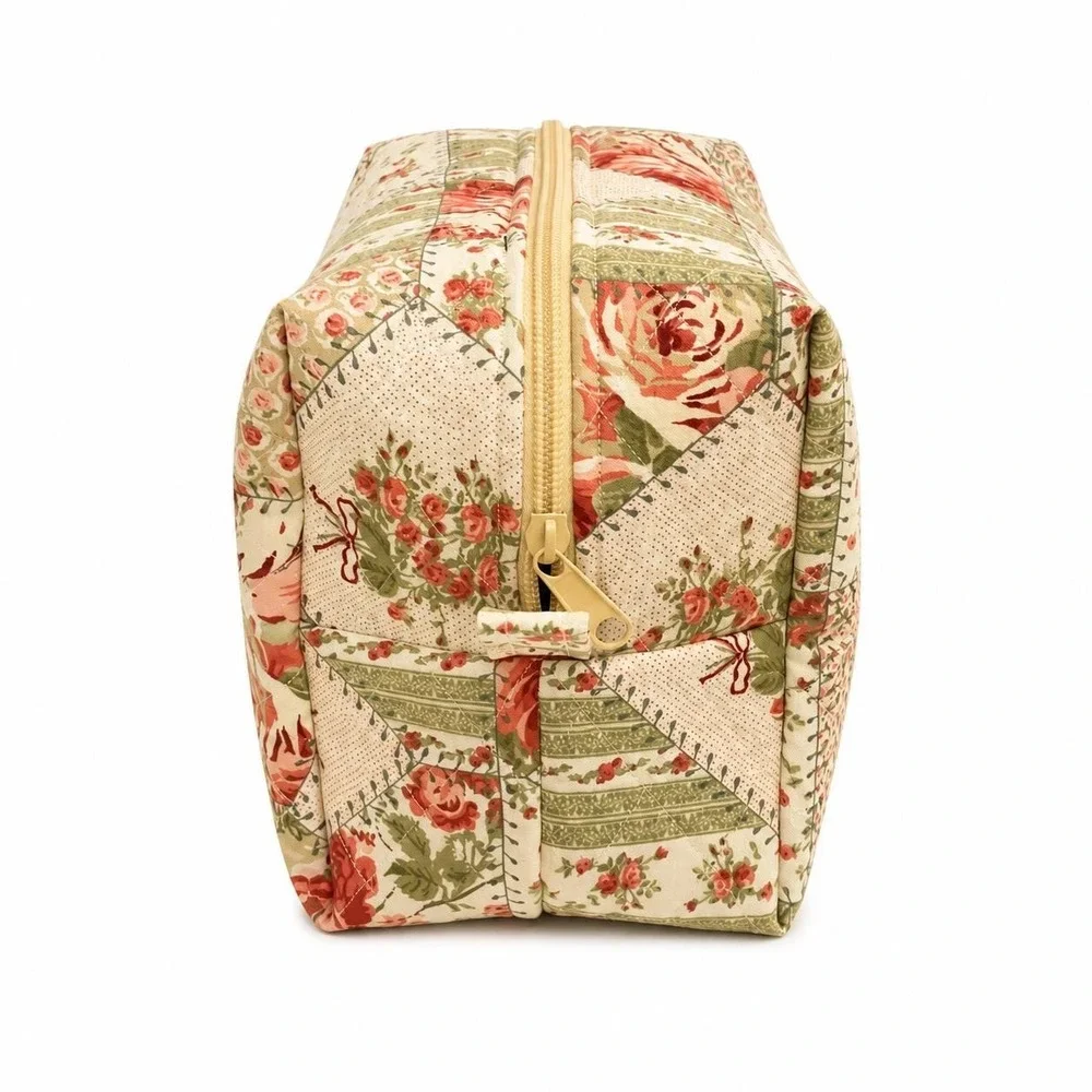 Floral Quilted Makeup Bag Cosmetic Pouch Cottage Style Toiletry Organizer